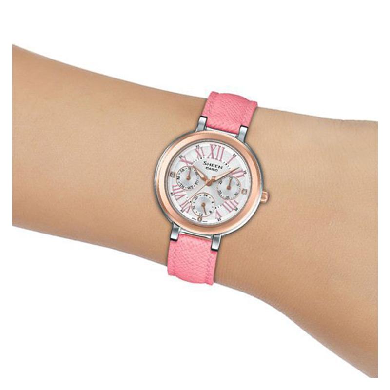 Casio CASIOSHEEN Series Three-hand Three-eye Roman Scale Swarovski Crystal Embellishment Waterproof Quartz Movement Leather Strap SHE-3034BGL-7A