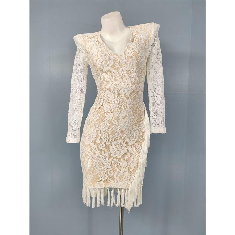 

Foreign Trade Order Cross-Border Export High Goods Texture Bandage White Tassel Gas Field Hollow Design Dress Sheath Long sleeve White L