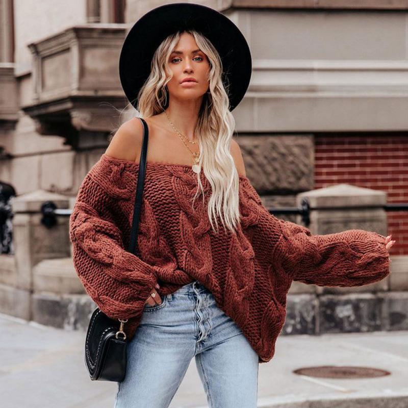 Ladies Autumn Winter Lantern Sleeve Flat Shoulder Pullover Solid Color Loose Knitted Sweater Knitwear Top
