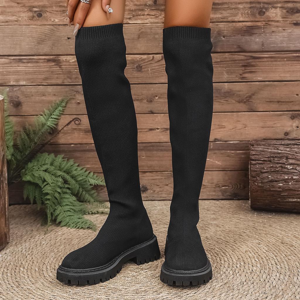 Women Over-the-Knee Boots Chunky Platform Knitted Long Boots Women Thick Bottom Luxury Knee High Boots Trend Slip on Shoes Woman