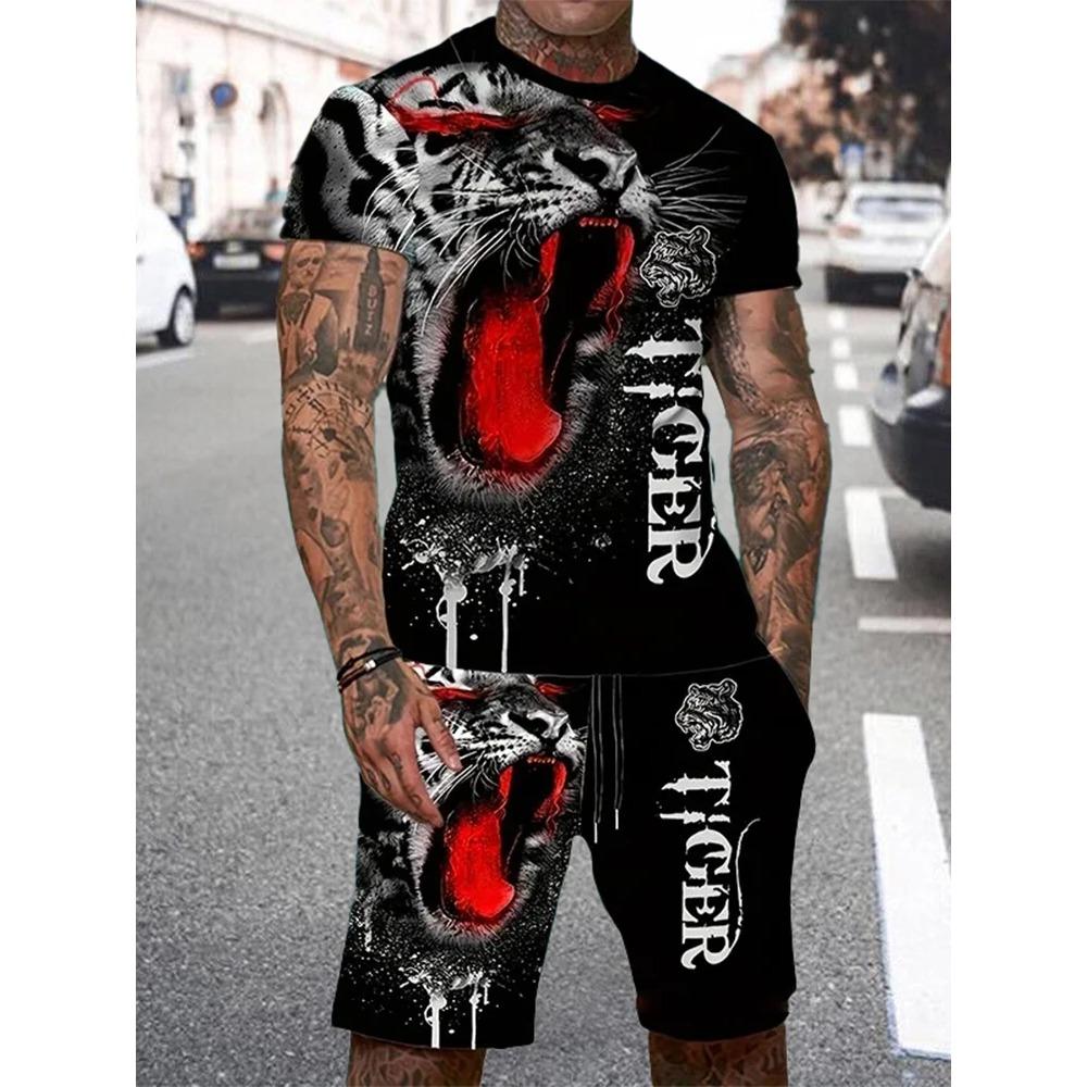 Men's Summer Casual Everyday Short Sleeve and Shorts Set Cool The Lion King Print T-Shirt and Drawstring Short Set Men's Set