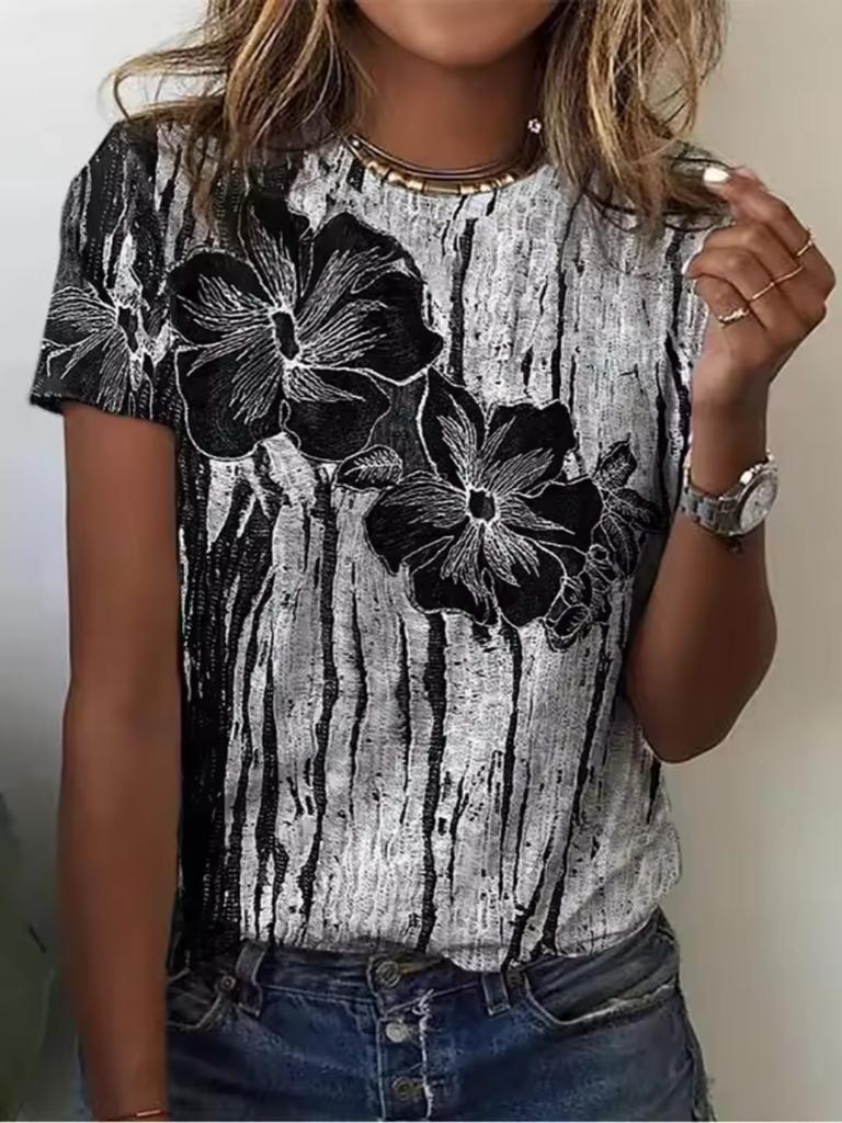 Fashion Women's Crew Neck T-Shirt 3D Flower Color Printing Short Sleeve