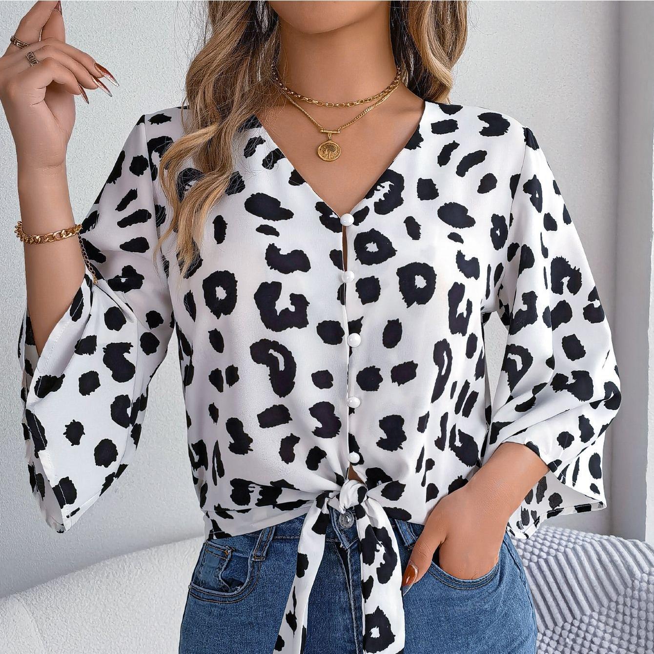 

GMXIA женские модные повседневные летние свободные блузки с леопардовым принтом и рукавами 1/2 с v-образным вырезом и шифоновые топы на шнуровке XL