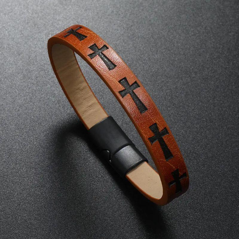 European and American Retro Style Fashion Leather Bracelet for Men with Printed Cross and Magnetic Clasp, Simple Bracelet, Niche Design
