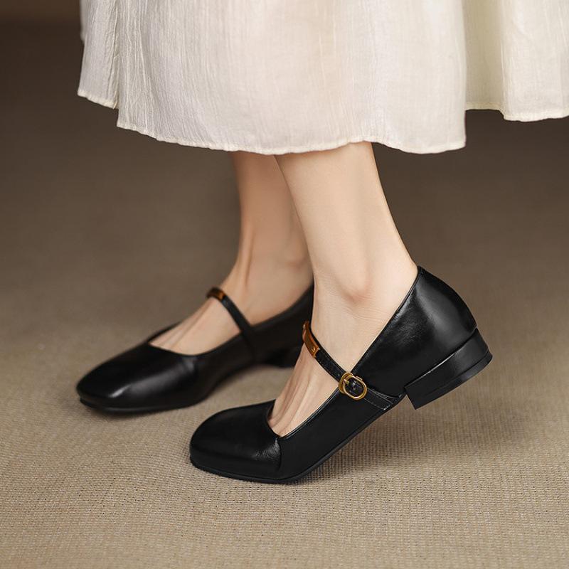 Neue Damen-Einzelschuhe für alle vier Jahreszeiten, eckige Spitze, niedriger Absatz, Größe Damenschuhe, Blockabsatz, weiche Sohle, Slipper, flacher Ausschnitt, kleine Lederschuhe