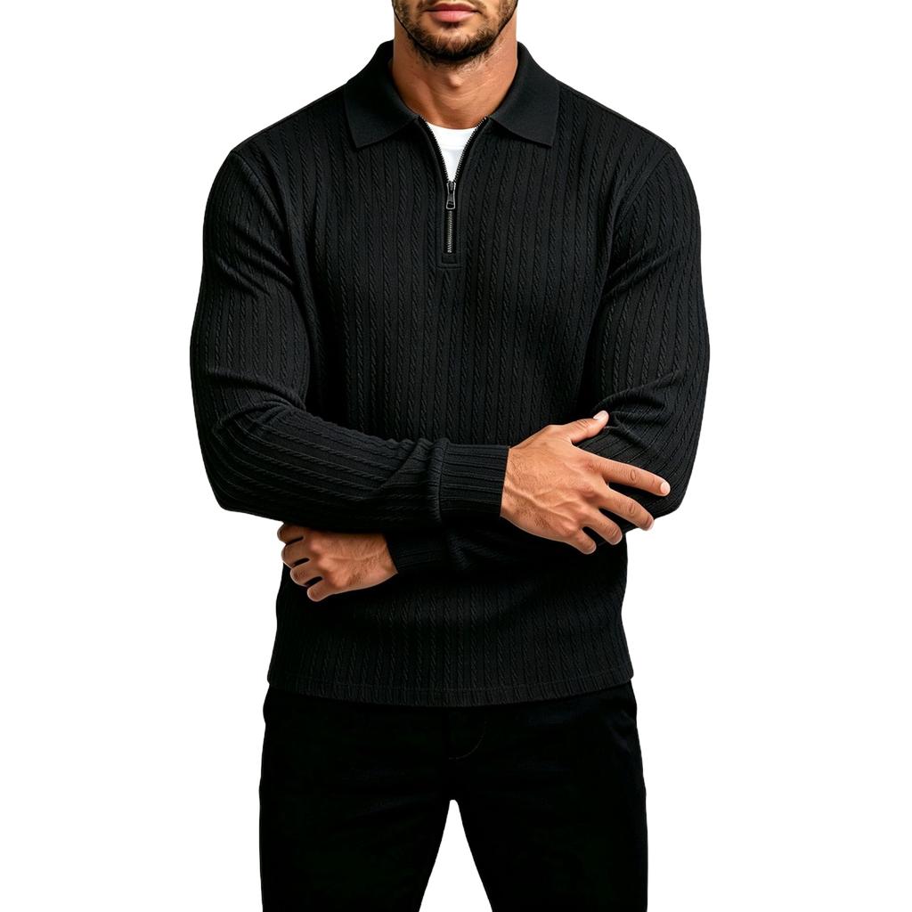 Men's Casual Long-Sleeve Half-Zip Collared Pullover in Color