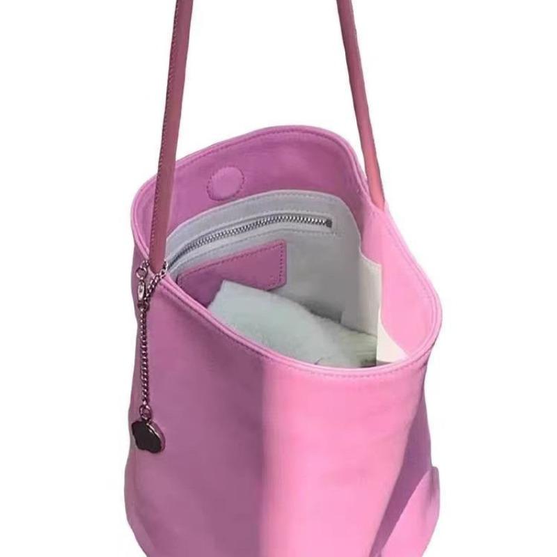 Pink PU Shoulder Bucket Bag Commuter Light Luxury Niche High-end Handbag Women's Summer