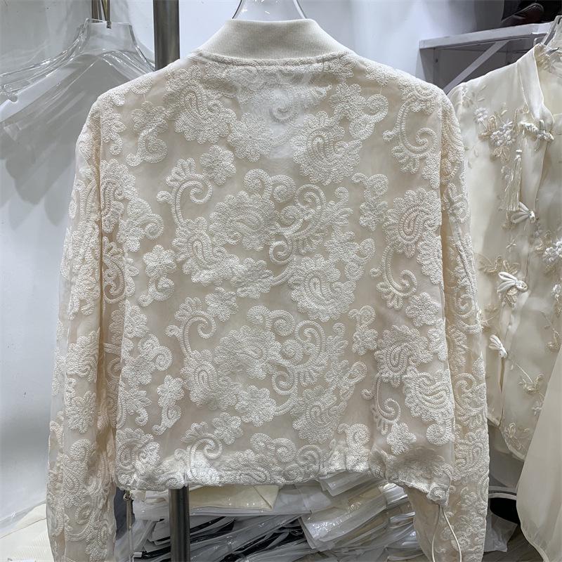 Women's Hollow Lace Jacket with Stand-up Collar - European Style, 2024 Spring, Korean Slimming Fit, Elegant Fragrance-Inspired Design.