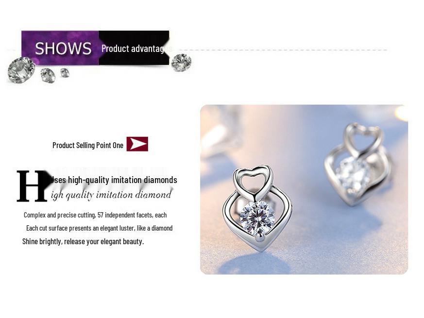 S925 Sterling Silver Korean Heart Stud Earrings with Zircon for Women