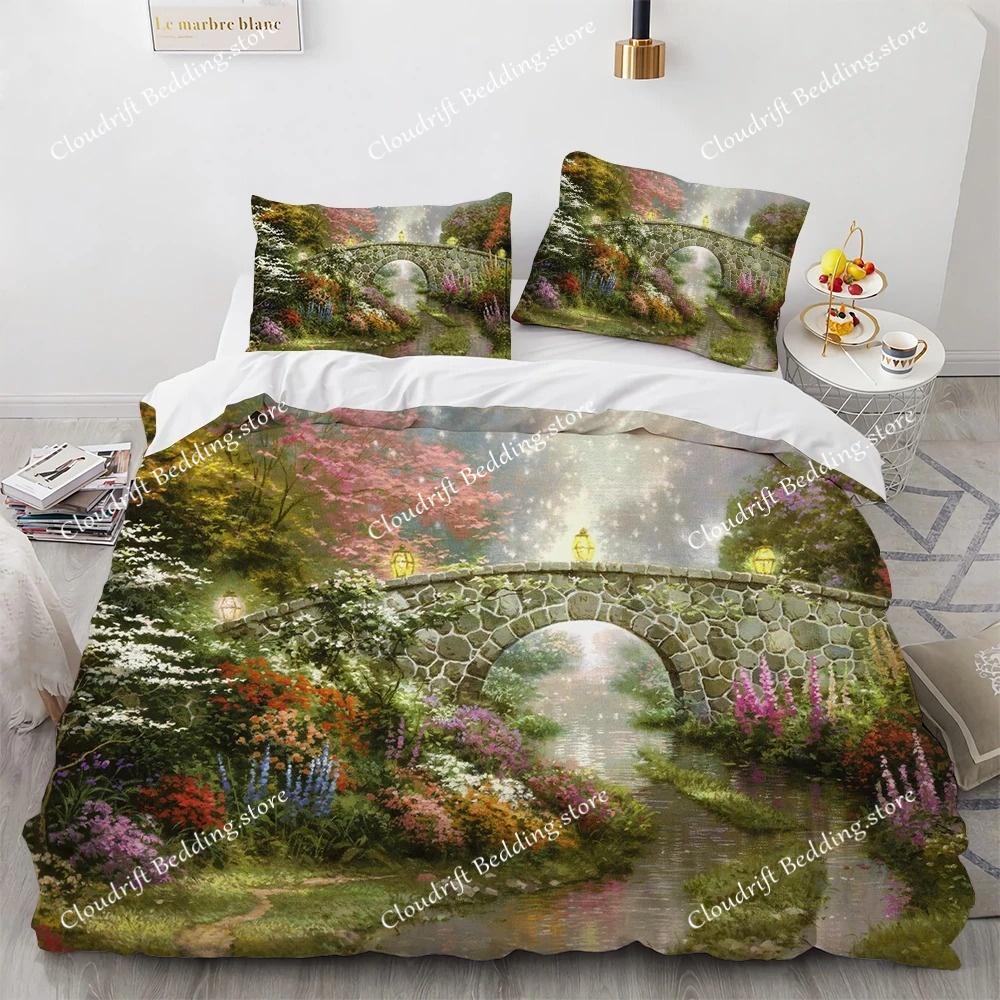 Oil Painting King Queen Duvet Cover Vintage Building Landscape Bedding Set for Adults Retro Art microfiber Quilt Cover