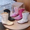 Stivali da Cowboy Glitterati da Bambina Stile Western Ricamato Altezza Media Tacco Blocco Stivali da Cowgirl per Feste Bambini