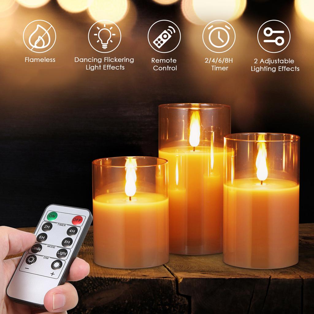 Flickering Flameless Candle Lights with Remote Controller 3pcs Batterys Operated Realistic LEDs Candles Warm Lighting Candle Lights with 2 Lighting