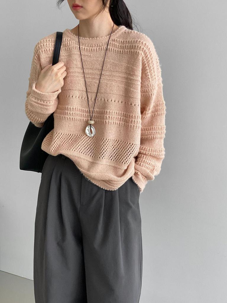 Blue Korean-Style Hollow-Out Round Neck Sweater - Women's Loose, Versatile Knitwear Y1293 for a Bright, Effortless Look