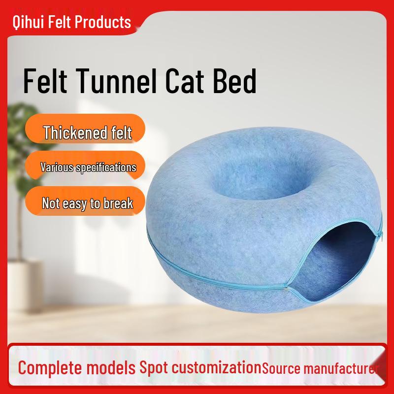 Felt Cat Bed Tunnel: Cozy Semi-Enclosed Donut, Maze Crawl-Through, Removable & Washable Pet House.