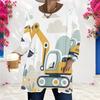 Women Plus Size Round Neck Long Sleeve Cartoon Excavator Printed Loose Longline T Shirt With Pockets