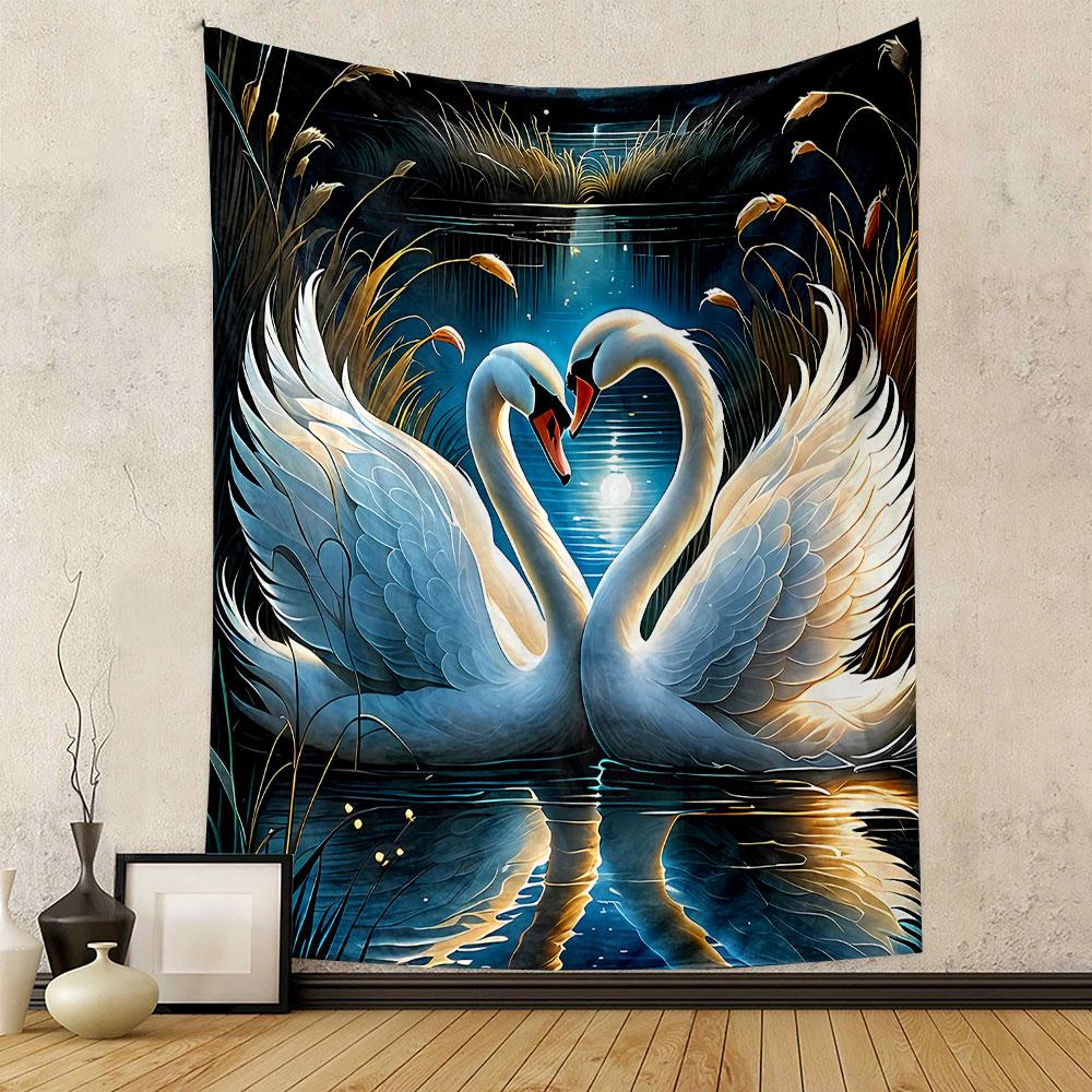 "Romantic Swans in Moonlit Lake Scene" Patterned tapestry home decor, suitable for bedroom and living room, gift
