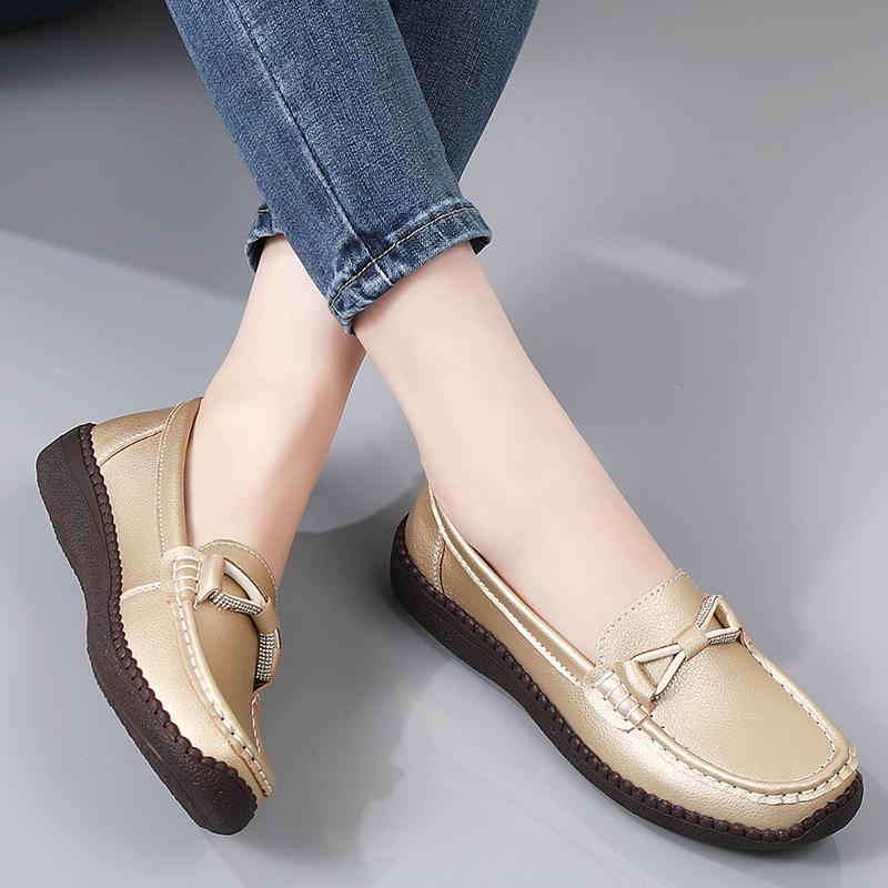 Women Simple Gold Loafers Leather Driving Moccasins Comfort Flats Black Casual Slip On Plus Size Black Shoes