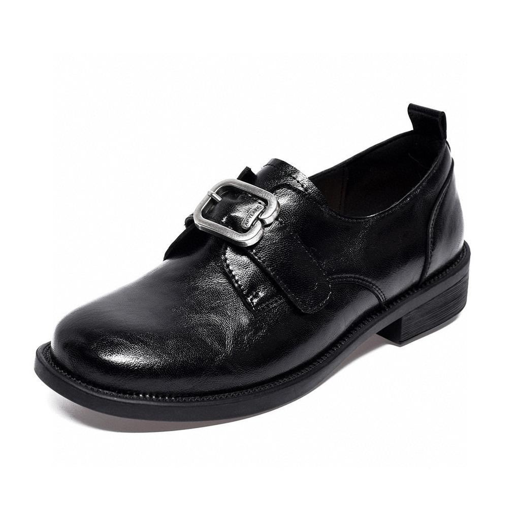 Retro kleine Lederschuhe Damen 2025 Frühling neu runder Zeh quadratische Schnalle Slipper zum Hineinschlüpfen, flache bequeme Damenschuhe mit flachem Ausschnitt