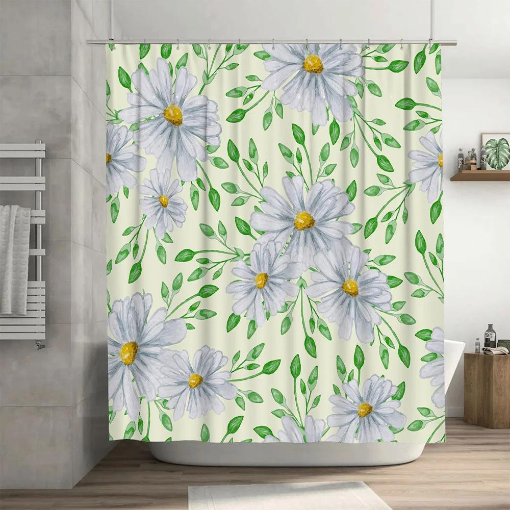 Hand-painted Flower Shower Curtain Set Modern Home Decor Item for Bathroom Decoration Blue Flowers Design On White Background Wi