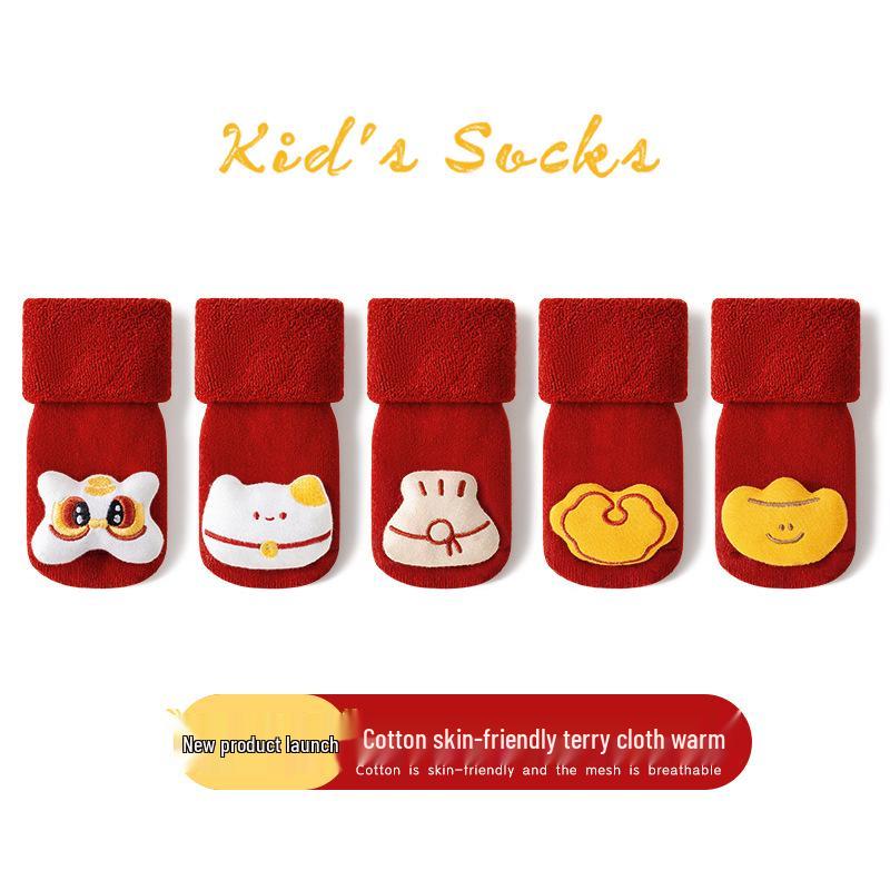 Newborn Non-Slip Red Cotton Socks: Thick & Cozy for Autumn/Winter, Ideal for 100-Day Birthday & New Year Celebrations