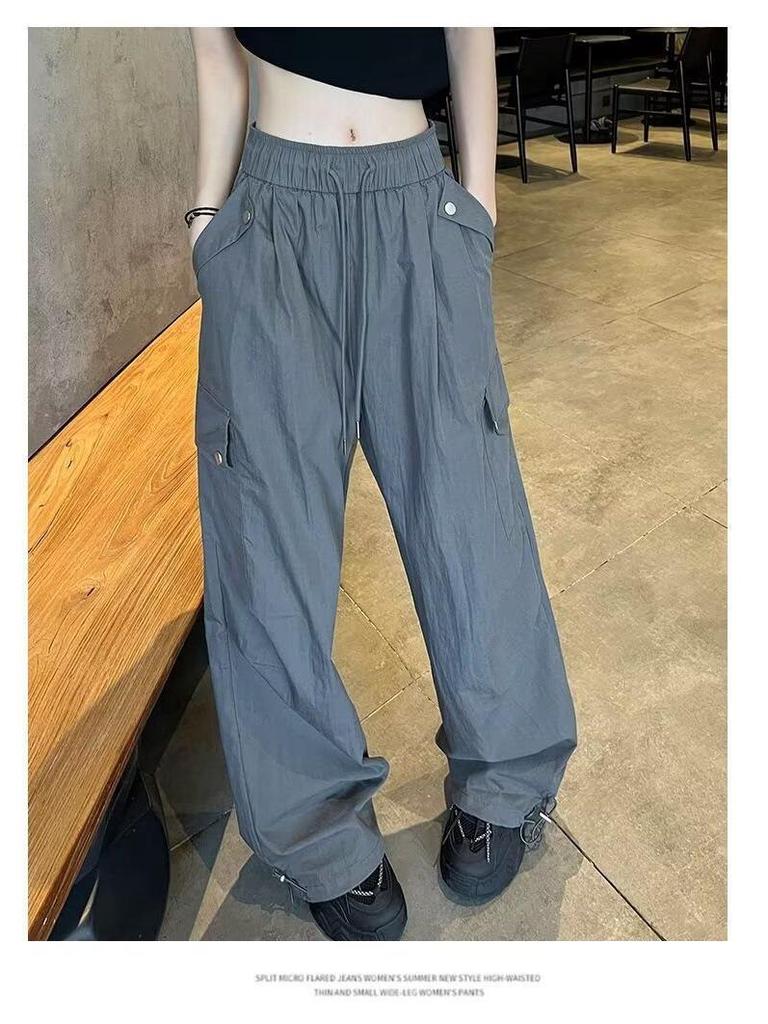 Women's White Ice Silk High-Waist Wide-Leg Cargo Pants - Summer 2025, Slimming, Quick-Dry Style