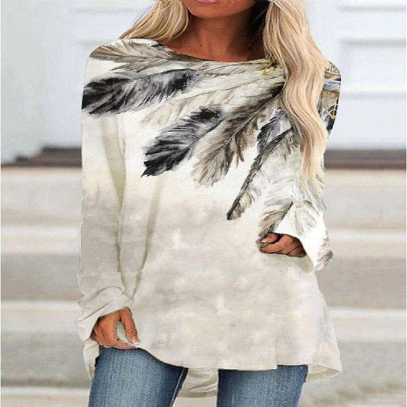 New 3D Ethnic Tribal Style Printed Round Neck Women's T-shirt Long-sleeved Bottoming Shirt Casual Loose Top Breathable Pullover