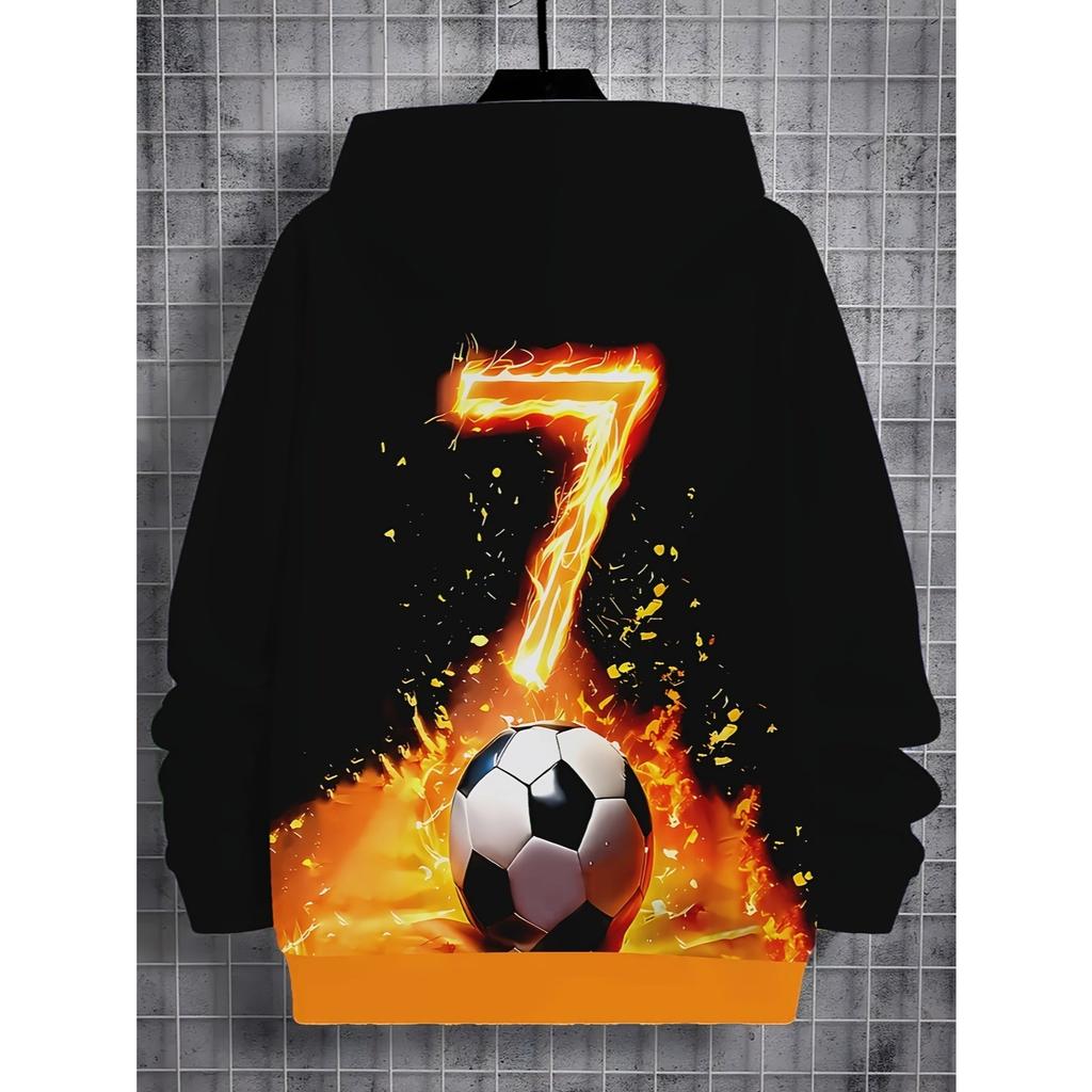 Boys' Fashionable 3D Printed Casual Hooded Sweatshirt, Football Spring and Autumn Winter Long Sleeved Sportswear, Size 7