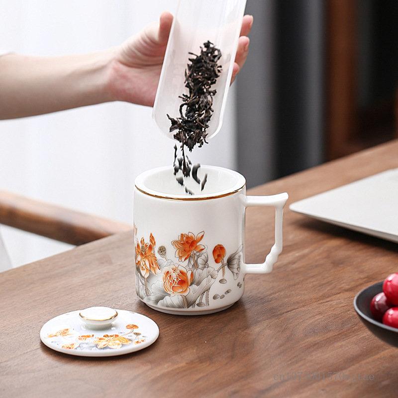 Hand-painted Landscape Pattern Series Tea Water Separating Ceramic Office Goat Fat Jade Porcelain Belt Cover Filter Mug, Tea Cup