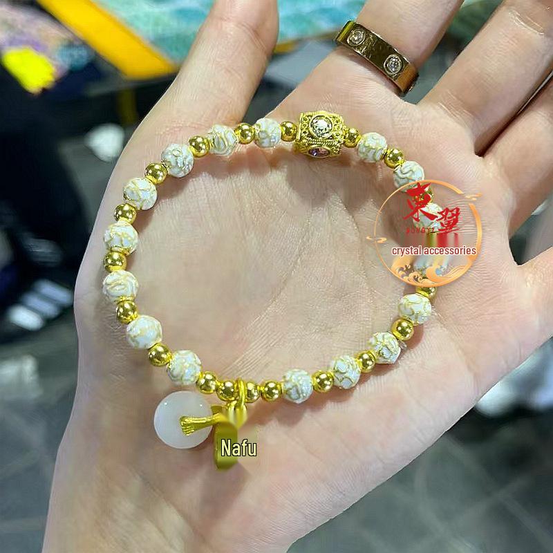 Cloisonné Enamel Fortune Bracelet: Blooming Flowers, Gold Foil, Incense Ash Glaze, Auspicious Luck-Turning Beads, Scenic Ruyi Design.