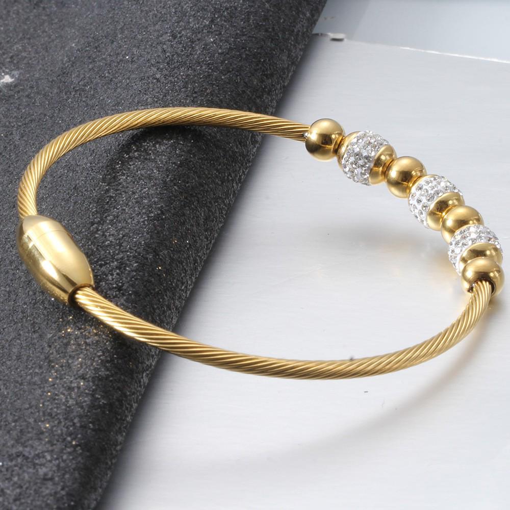 18K Gold Stainless Steel Bracelet with 3MM Magnetic Clasp and Diamond-Paved Cable Wire Design for Women