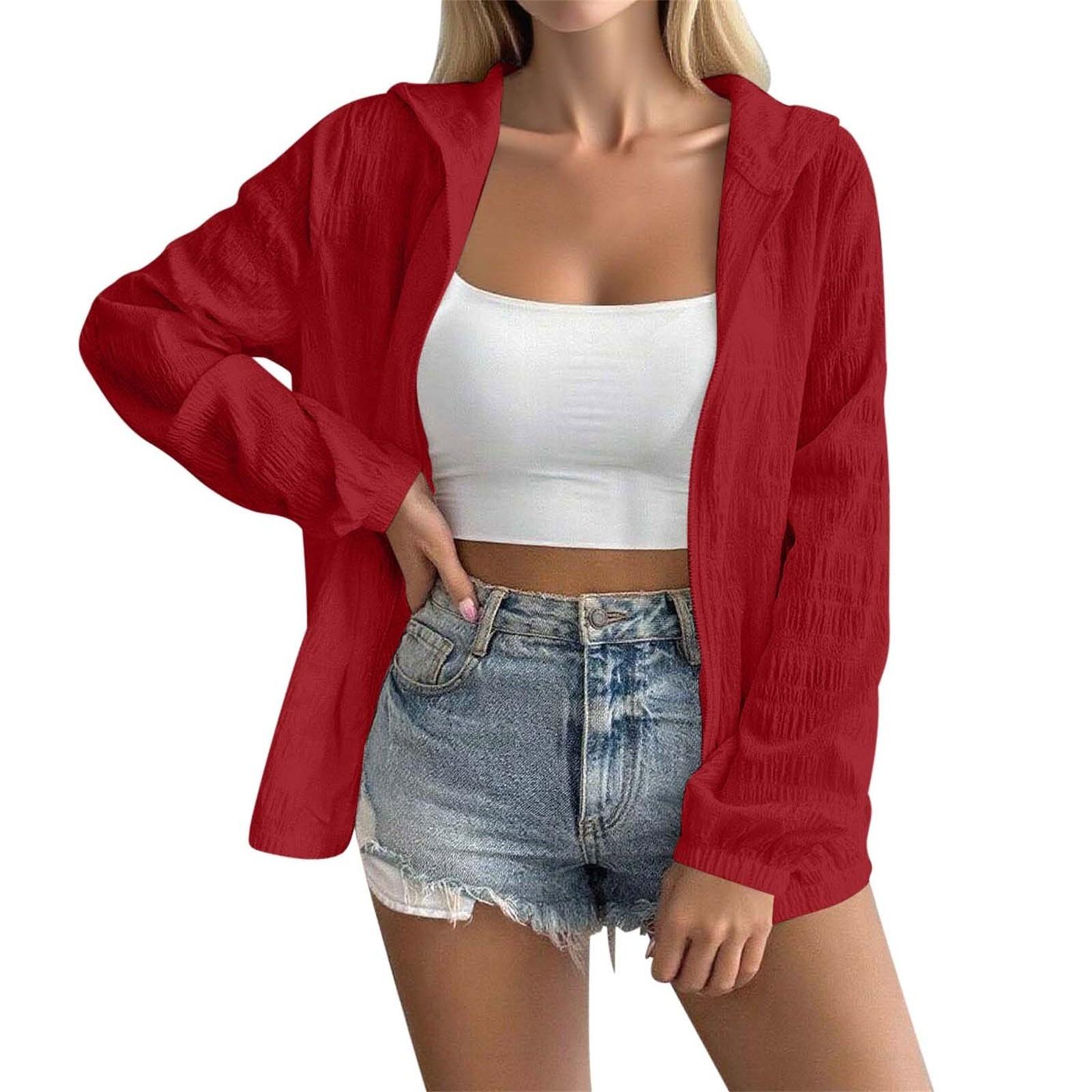 

Женская однотонная тонкая куртка с капюшоном и длинными рукавами на молнии XXL красный