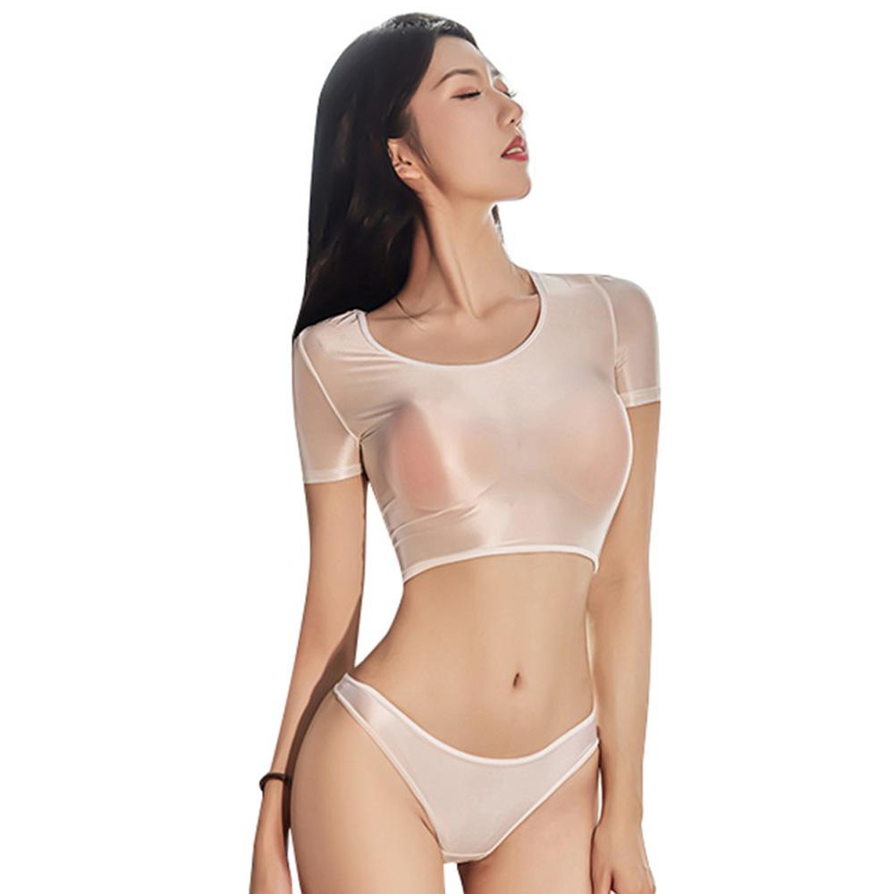Sexy dámské olejové lesklé krátké tričko Sher průhledné elastické crop topy průhledné taneční street roztomilé oblečení erotické spodní prádlo