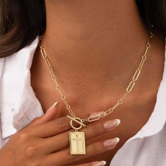 Women Cross Pendant Necklace 16" Paperclip Chain Trendy Dainty Charm Necklace for Women Fashion Religious Simple Jewelry Gift