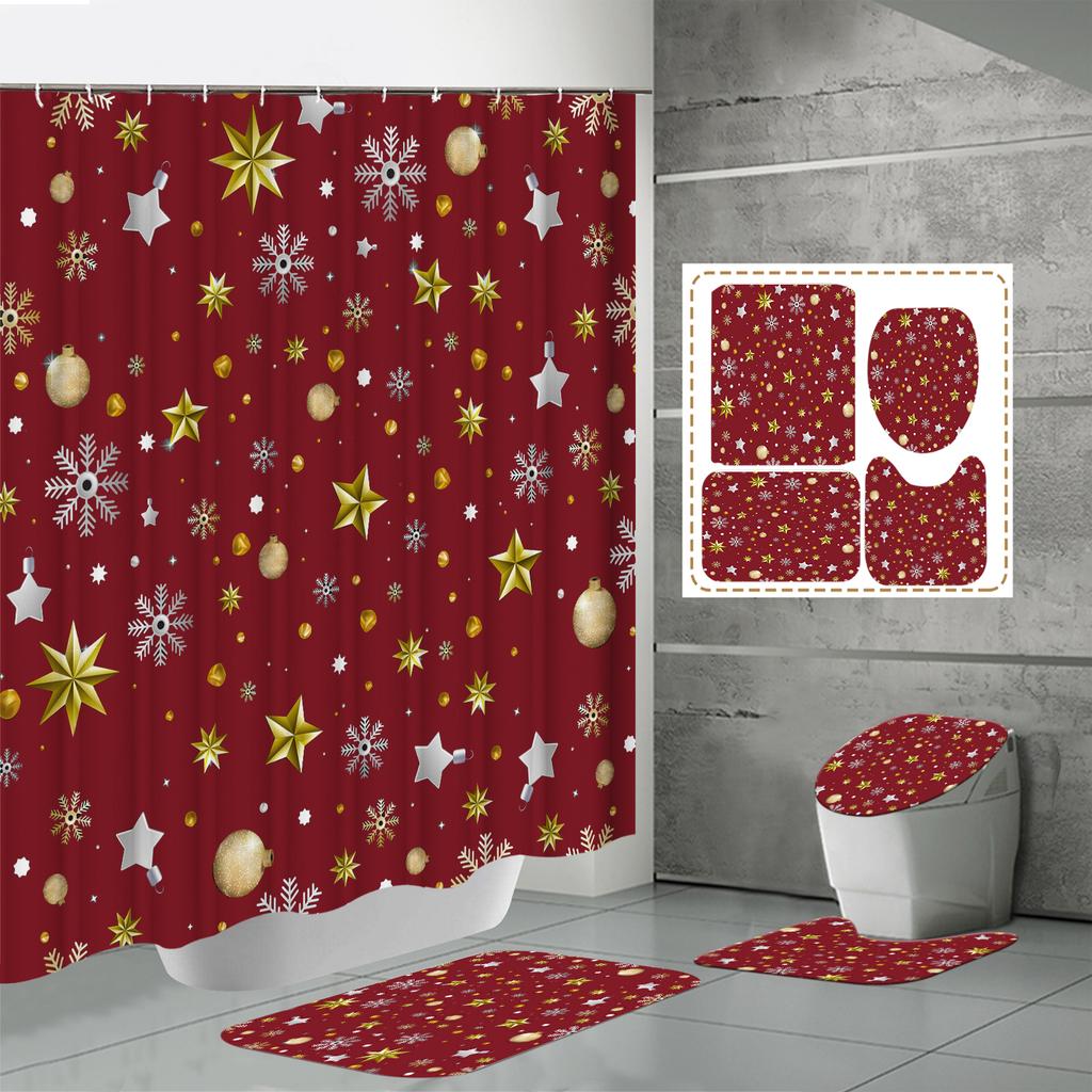 4PCS Shower Curtain Sets With Shower Curtain And Rugs Toilet Lid Rug U Shape Mat And Bath Mat Bathroom Set With 12 Hooks