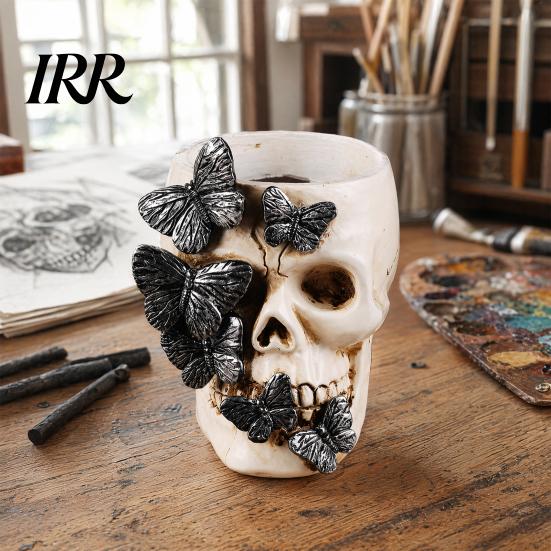 Skull Stationery Holder Gothic Pen Holder, Spooky Butterfly Makeup Brush Festive Organizer Organizer, Halloween Desktop Pencil Cup for Home
