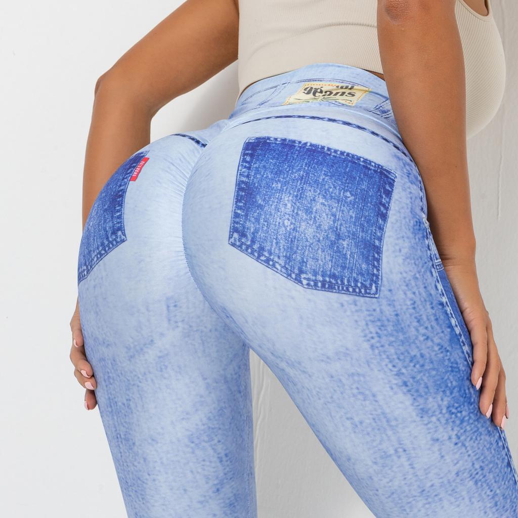 Digital bedruckte Denim-Hose in Blau, enge Höhe, schnelltrocknende Yoga-Hose, Sport-Laufhose, Fitness-Hose für Damen