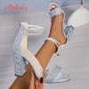Aphixta Crystal Peep Toe Summer Sandal Luxury 10cm Square Heel Sandals Bling Silver High Heels Party Woman Shoes Pimp Size 43