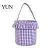 Easter Egg Hunt Carriers Halloween Basket, Plaid Ruffle Trick or Treat Candy Bucket with Handle Cloth Gift Bags for Birthdays Kids, Reusable