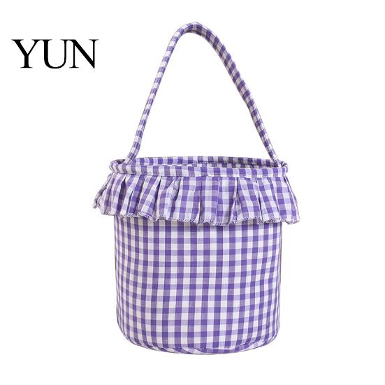 Easter Egg Hunt Carriers Halloween Basket, Plaid Ruffle Trick or Treat Candy Bucket with Handle Cloth Gift Bags for Birthdays Kids, Reusable