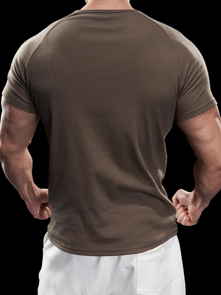2024 Men's Semi-Tight Henley Fitness Shirt - Solid Color Striped Stretch Short Sleeve Athletic Top