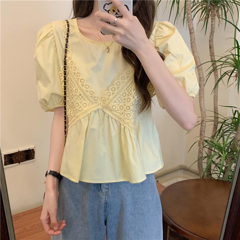 Summer Women Elegant Chiffon Patchwork Fake Two Piece T-shirt Loose Top
