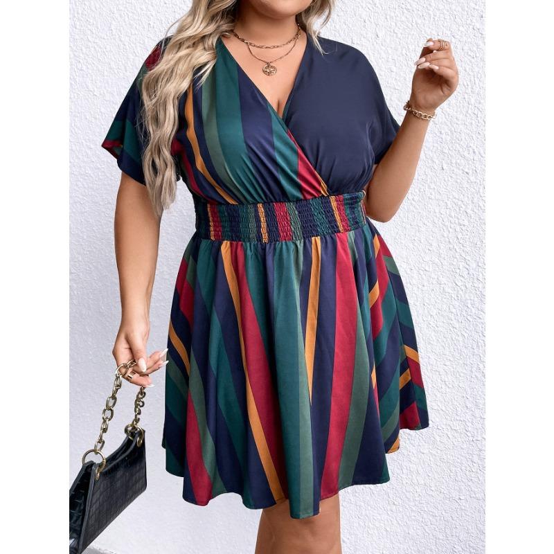 Vestido de Verano para Mujer Talla Grande Cuello en V Rayado Entallado Manga Corta