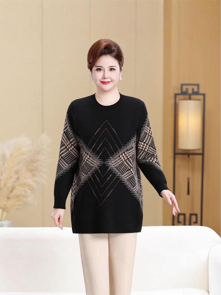 Extra Wide Plus Size Autumn/Winter Wool Pullover Sweater for Middle-Aged and Elderly Women