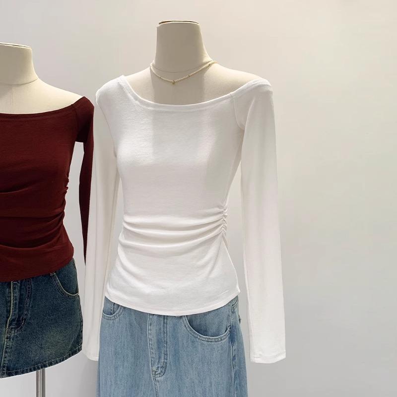 

Design Sense Off-Shoulder Slant-Neck T-Shirt Women s Bottom Shirt Spring Slim-Fit Spice Girl Skinny One-Neck Top XL білий