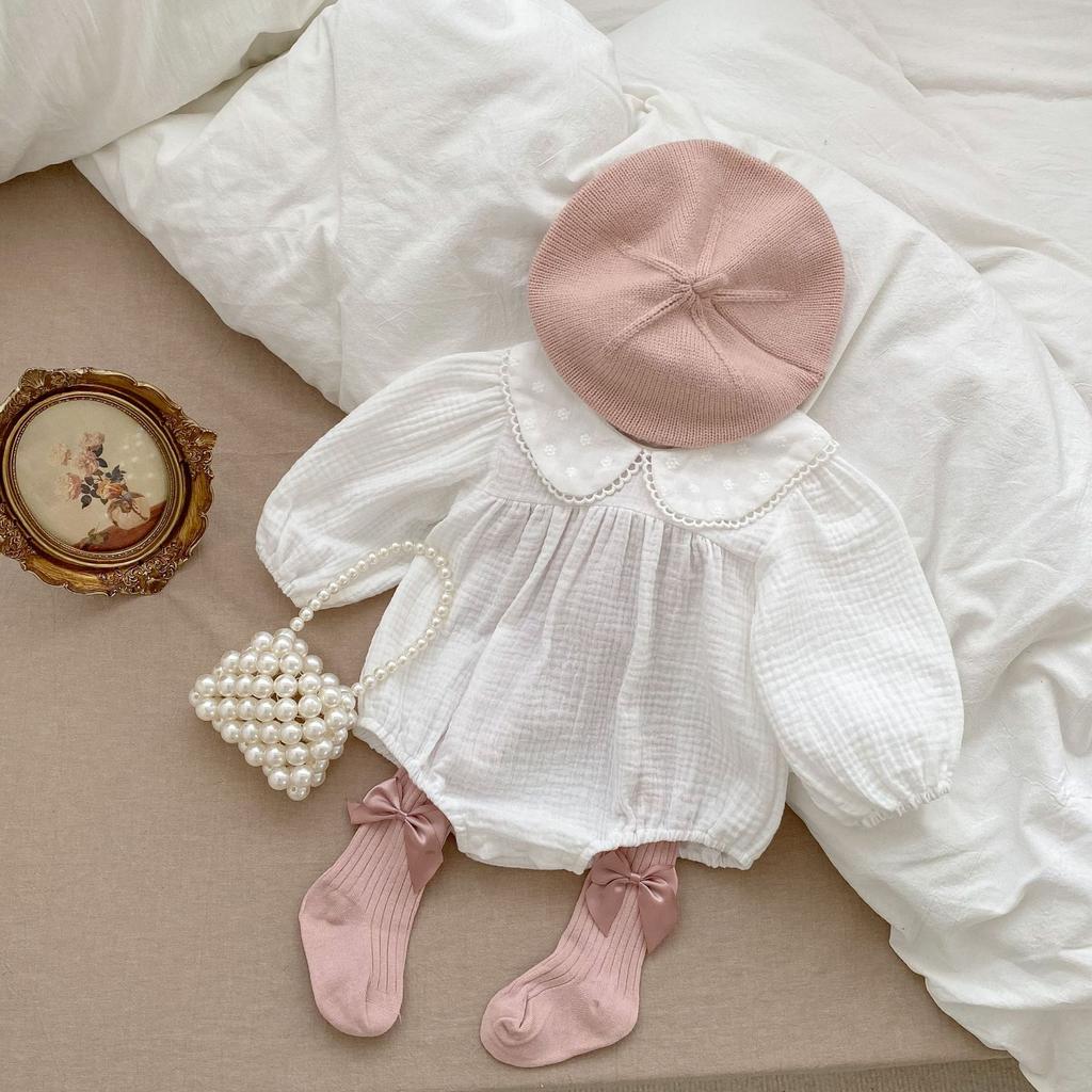Baby Girl Solid Long Sleeve Romper with Peter Pan Collar for Spring Autumn