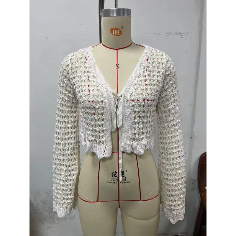 

Western Style New Hollow out V-neck Casual Lace-up Horn Long sleeve Cardigan Top Lace up Hollow Top White 2XL