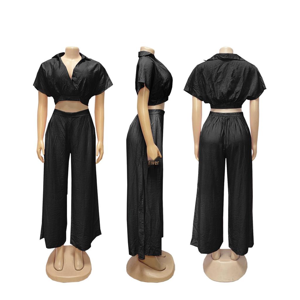 TW716 Trendiges Europäisches & Amerikanisches Plus-Size Lässiges Urlaubs-Revers-Oberteil & High-Waist Weitbeinige Hosen Set