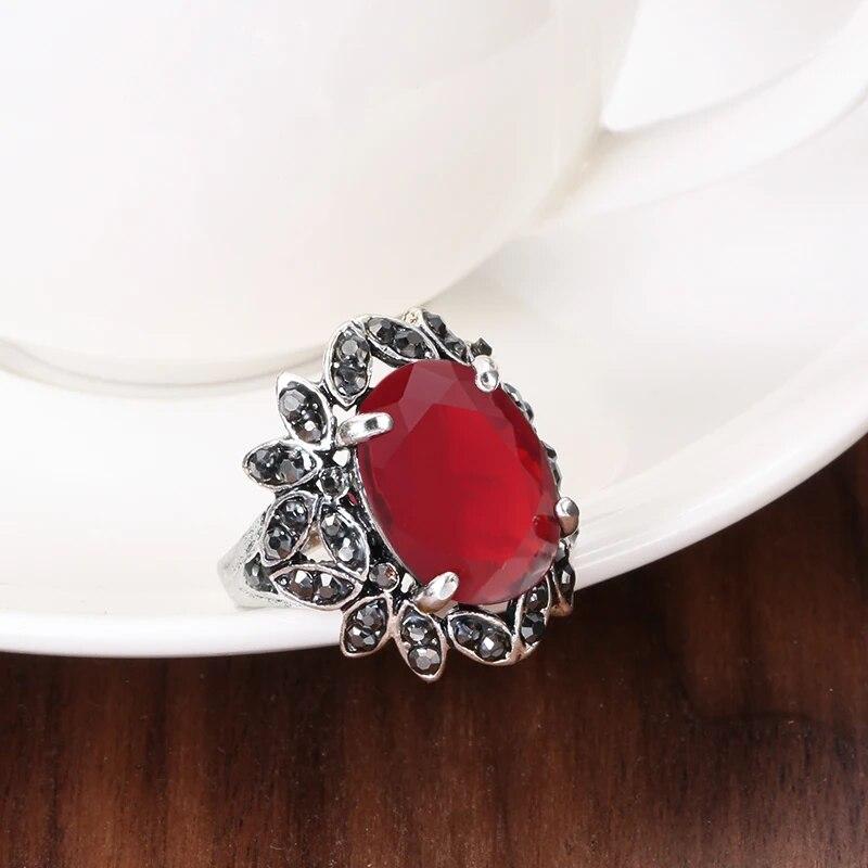 Kinel Fashion Tibetan Silver Red Stone Ring For Women Crystal Flowers Ethnic Wedding Bridal Jewelry Retro Rings
