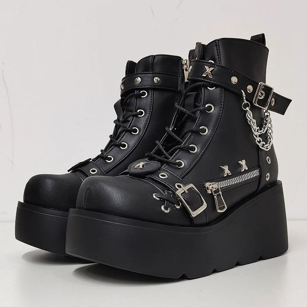 Fashion New Gothic Style Platform Vampire Cosplay Women Mid-calf Boots 2024 Winter Wedges Comfy Women Motorcycle Boots Shoes