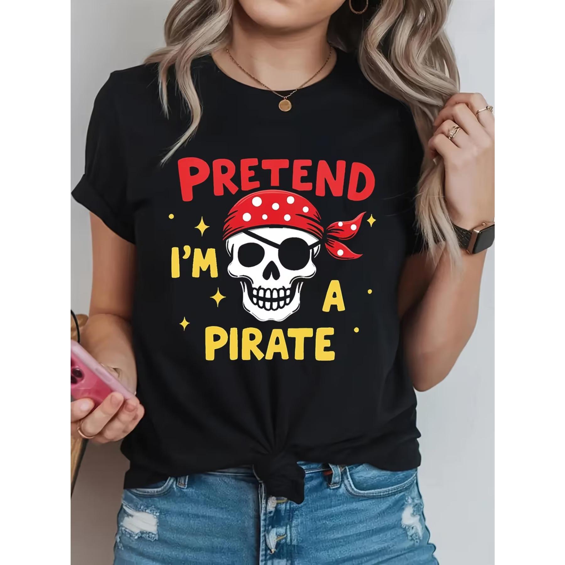 Wearing A T-Shirt That Embodies The Spirit of A Pirate - A Lively Crew Neck Featuring A Striking Skull Adorned with A Red Bandana and An Eye Patch S чёрный